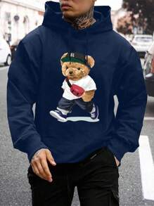 100% Felpa con cappuccio in cotone da uomo con stampa di orso e coulisse