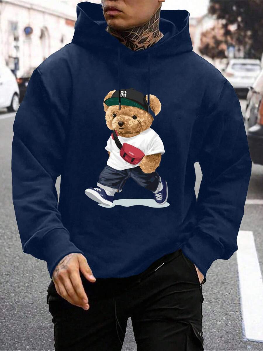 100% Felpa con cappuccio in cotone da uomo con stampa di orso e coulisse