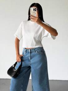 EURMUSE Women, Autumn, Spring, Short Sleeve, Round Neck, Dart Stitch, White, - White - View 6