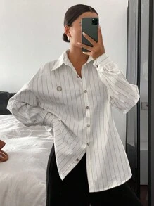 DAZY 秋冬女款条纹刺绣宽松长袖翻领休闲衬衫 - 白色 - 查看 1