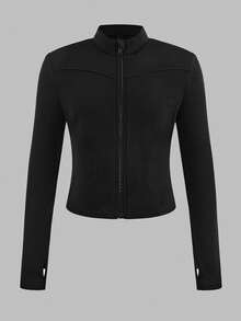 SHEIN 青少年女孩立领弹力羊毛修身紧身瑜伽夹克，适合日常穿着，休闲秋冬 - 黑色 - 查看 4