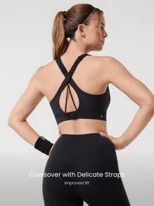 GLOWMODE Hot Take 吸汗高压缩前拉链模压泡沫罩杯交叉多带后背 U 领运动文胸中等强度跑步慢跑训练健身房锻炼 - 黑色 - 查看 3