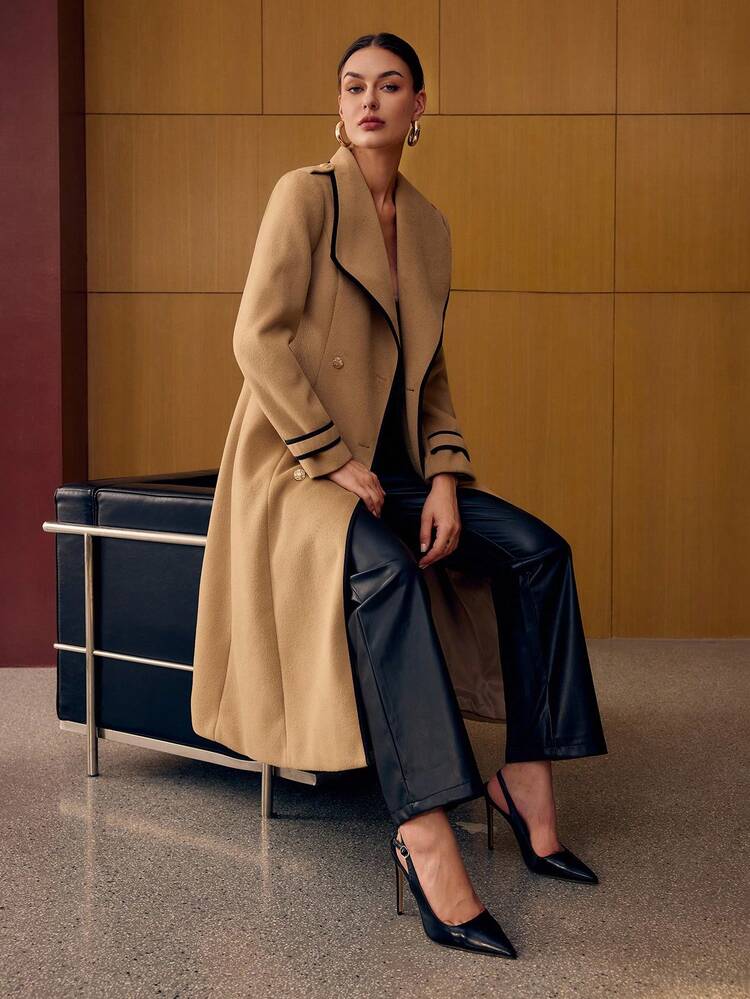 WATERFALL COLLARED CONTRAST BINDING TRIM OVERCOAT , MINIMALIST & ELEGANT