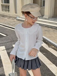 SHEIN 女童休闲通勤风白色提花宽松长袖彼得潘领衬衫，适合日常通勤