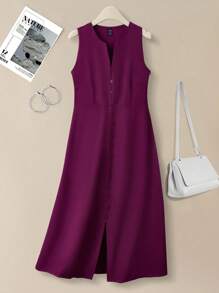 EMERY ROSE 2025年夏季新款女式无袖方领极简主义长裙，简约优雅修身A字型纽扣前中长裙，方领露背开衩下摆长裙，通勤礼服，派对优雅紫色连衣裙 - 紫色 - 查看 1