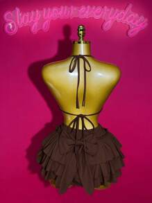 Slaydiva 2025 Spring/Summer New Sexy Street Style Solid Color Halter Tie-Up Deep V Neck Sleeveless Crop Top + Layered Ruffle Bow Decor Mini Skirt 2-Piece Set, Suitable For Music Festivals, Easter, Graduation, Daily Wear - Brown - View 2