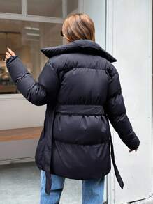 EURMUSE Solid Color High Neck Belted Padded Coat For Winter And Autumn - Black - View 2