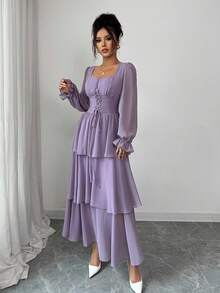 Modelyn French Design Tie-Up Cake Dress Fall Cloth For Women - Purple - View 5