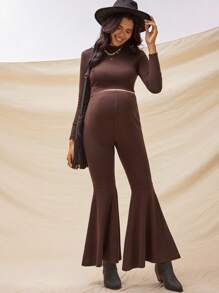 Boho Mama 2pcs Maternity Set: Solid Color Round Neck Long Sleeve T-Shirt And Adjustable Waist Flare Pants  Fall Clothes Boho Maternity Fall Winter Clothes Bohemian - Brown - View 8