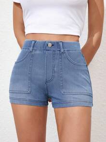 SHEIN EZwear Damen anliegende Denim-Shorts mit Taschen, lässiges und vielseitiges Strickmaterial - Blau - Übersicht 7