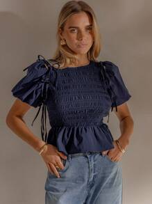 Aralina 秋冬褶皱细节背心，可拆卸泡泡袖，蝴蝶结细节娃娃装，斯德哥尔摩风格 Y2K 可爱上衣 - 藏蓝色 - 查看 10