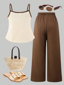 2 件套青少年女孩休闲甜美可爱纹理泡泡褶面料吊带背心上衣和宽松阔腿裤套装，适合日常、度假、郊游、姐妹街拍、春夏季