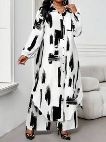 SHEIN Lady 春夏秋冬休闲优雅工作黑色梭织衬衫领主教袖口袋长袖大码西装春夏优雅通勤办公室大码西装女士夏装度假服装女士度假两件套西装，2件套夏装 - 黑與白 - 查看 5