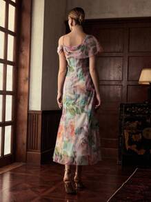 ZEYLAH Váy xếp ly bất đối xứng họa tiết hoa - Nhiều màu - Xem 3