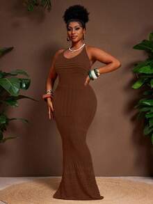 Slaydiva Plus Size Casual Sexy Fitted Halter Tie Backless Women Sweater Dress - Rust Brown - View 5