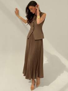 Aloruh Women's Elegant Commuter Solid Color Vest & Pleated Skirt Suit In Fall/Winter - Brown - View 8