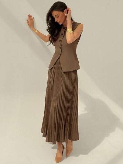 Aloruh Women's Elegant Commuter Solid Color Vest & Pleated Skirt Suit In Fall/Winter
