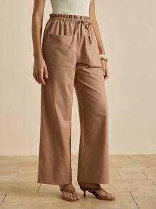 INAWLY Women's Casual Solid Color Cotton Pants With Pockets Fall Cloth For Women - Brown - View 4