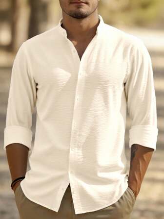 Manfinity Men's Solid Color Button-Front Long Sleeve Casual Shirt