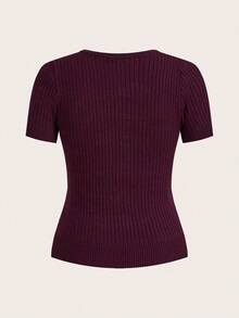 Modelyn 大码女式纯色圆领短袖针织上衣和鱼尾针织中裙套装 - 酒紅色 - 查看 8