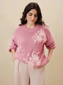 Anewsta Pink Floral,Autumn,Elegant,Date New Thick Pullover Sweater,Floral 3D Embroidery Knitted Sweater,Loose Fit Long Sleeve Casual Slouchy Knit Top,Chic - Pink - View 4