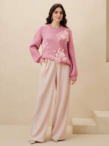Anewsta Pink Floral,Autumn,Elegant,Date New Thick Pullover Sweater,Floral 3D Embroidery Knitted Sweater,Loose Fit Long Sleeve Casual Slouchy Knit Top,Chic - Pink - View 7