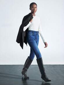 Maija 女士休闲修身保暖牛仔裤 女士蓝色天鹅绒高腰修身打底裤 舒适高弹牛仔保暖裤 冬季休闲装 - 深色水洗藍 - 查看 5