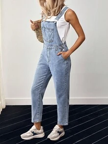EMERY ROSE Patched Pocket Denim Overalls Without Tee - Light Wash - View 4