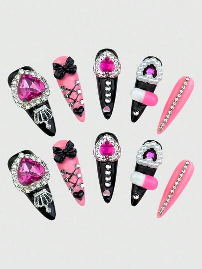 Anime 10 piezas de puntas de uñas postizas con cadena de corazón, corona y lazo estilo Y2K, y 1 pieza de cinta para uñas