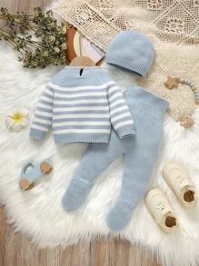 SHEIN 3pcs Newborn Baby Striped Sweater Set, Casual Pullover Sweater, Simple Leggings, And Hat Fall Winter - Green - View 2