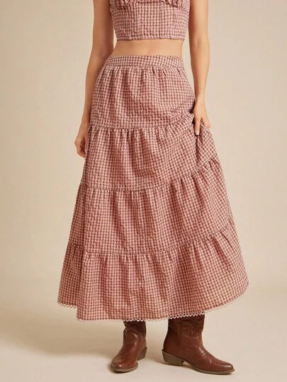 WESTFADE Cotton Blend Gingham High Waist Ruffle Tiered Maxi Skirt Back To School Fall Clothes Country Summer Beach Vacation
