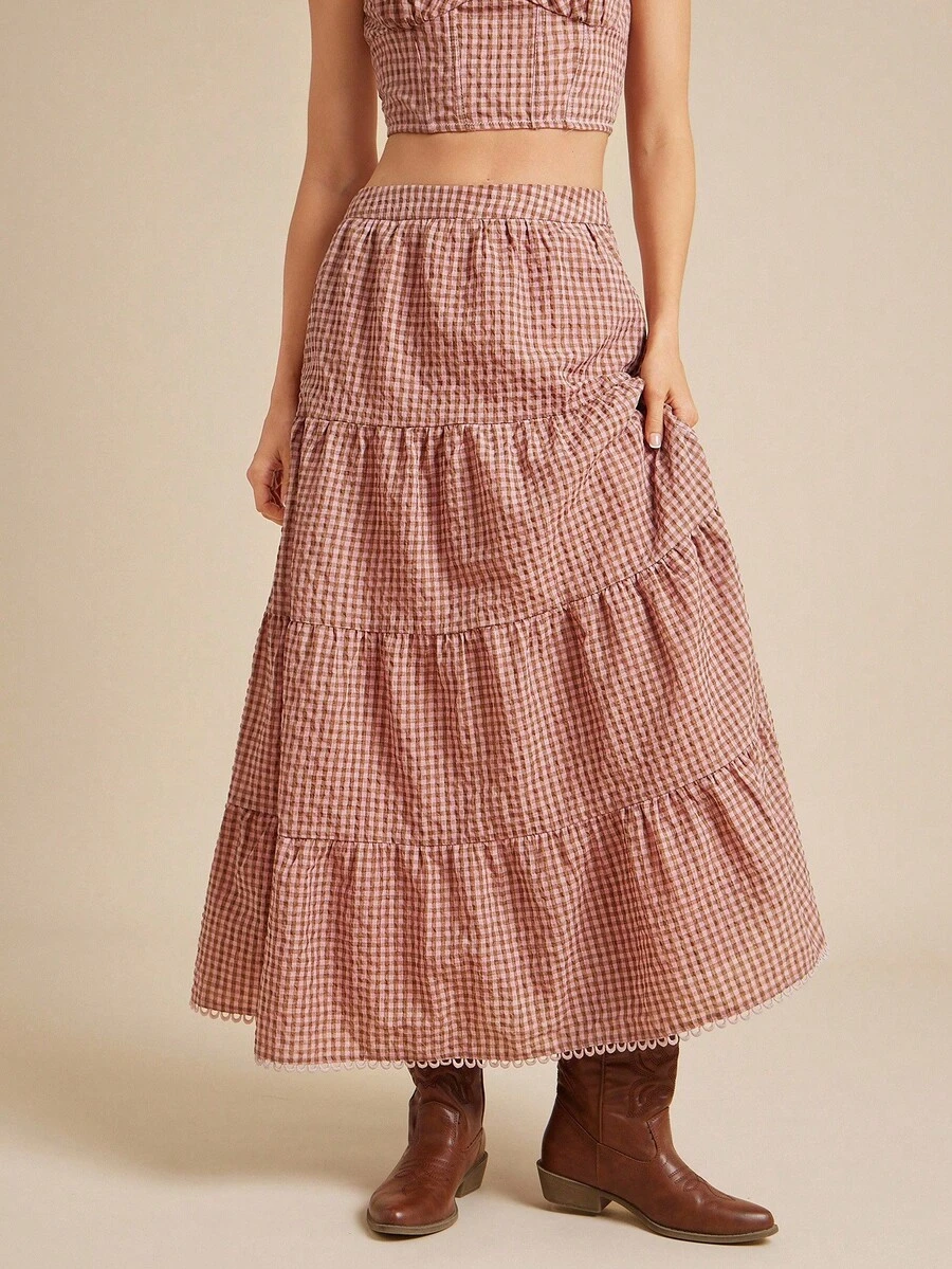 WESTFADE Cotton Blend Gingham High Waist Ruffle Tiered Maxi Skirt Back To School Fall Clothes Country Summer Beach Vacation - Multicolor - View 1