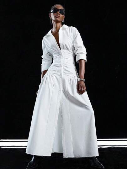 LYSMO 2025 New Arrive Minimalism Fall Women's Solid Color Drop Shoulder Long Sleeve Pleated Single Button Casual Shirt Dress,White Dresses Classy Elegant