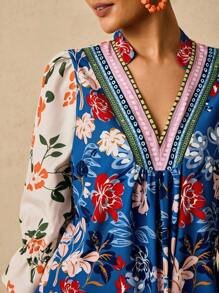 Travachic 大码女式花卉印花 V 领 3/4 袖收腰 A 字型衬衫，适合初秋