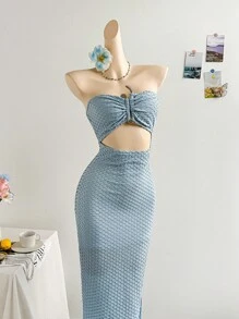 Soleia Women's Vacation Aqua Green Jacquard Textured Ruched Backless Cutout High Slit Dress Fall Dresses For Women   School Clothe  Rave Outfits  Concert Tops   Homecoming Dress   Christmas Clothes  Office Dress  Date Night Outfits Women Dress For Wedding Guest  Birthday Dresses For Women   Halloween Costumes  Brunch Outfits For Women  Sexy Bohemian Clothes For Women  Fairycore White Lace Dress Fringe Dress Fall Dresses For Women Teacher Dress Korean Flowy Dress - Blue - View 5