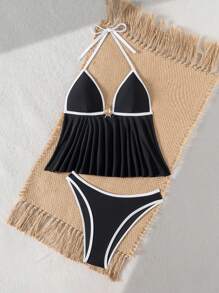Swim Chiccia 2pcs/Set Women's Summer Beach Vacation Black & White Contrast Color Camisole Strap Bikini Swimsuit, Metal Decor, Slimming, Triangle Swim Bottoms