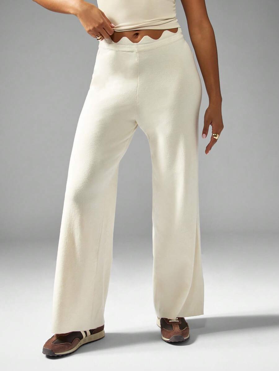 MISSGUIDED Knitted Wide Leg Pants With Scalloped Waistband Elegant Palazzo Lounge Wear Evening Fall Winter Bottoms Wave Design Contemporary Modern Design Casual - Apricot - View 1