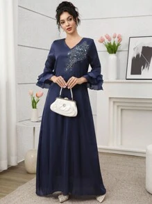 SHEIN Najma Women's V-Neck Beaded Floral Double Ruffle Sleeve Arabic Style Dress, Spring/Summer - Navy Blue - View 3