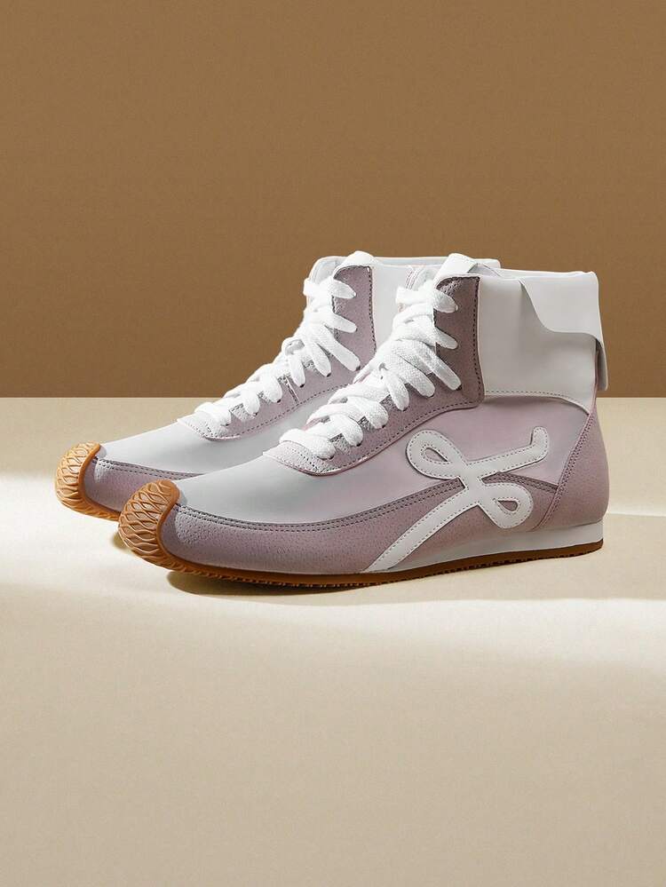 CUCCOO EASI Women's High-Top Embroidered Round Toe Flat Casual Sneakers, Casual Style PU Leather, Light Purple, Suitable For Autumn/Winter, Indoor And Outdoor Wear