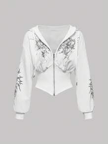 ROMWE Grunge Punk Y2K Subculture 复古修身豹纹毛领女式连帽卫衣 - 白色 - 查看 1