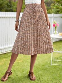 KARISMINA Ditsy Floral Print Knot Front Pleated Skirt