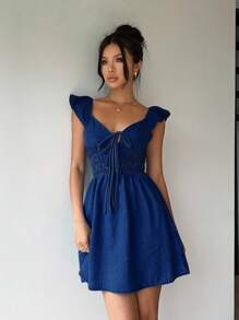 Aloruh 女士牛仔迷你连衣裙，休闲修身，蓝色 - 中等水洗藍 - 查看 9