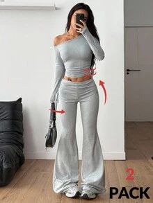 Coolane 2 件套女士灰色针织不对称领上衣和喇叭裤套装 - 灰色 - 查看 1