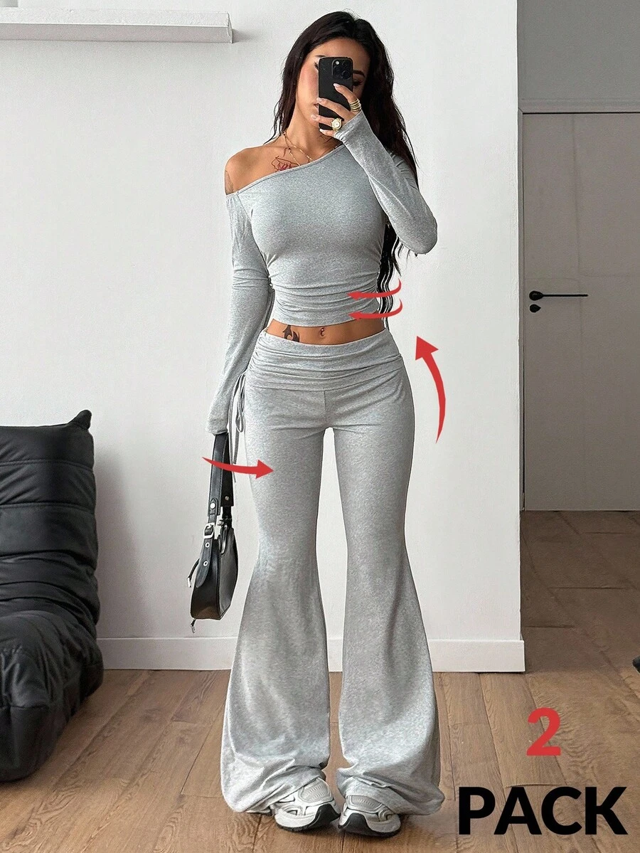 Coolane 2 件套女士灰色针织不对称领上衣和喇叭裤套装 - 灰色 - 查看 1