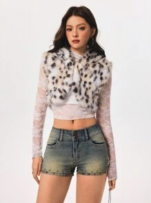 SHEIN ICON 夏季时尚复古双扣铆钉低腰牛仔短裤 - 淺色水洗藍 - 查看 5
