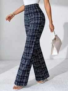 SHEIN Tall CURVE Plus Size Fall Elegant Women's Plaid Printed Elastic Knitted Pants, Suitable For Various Occasions, Suitable For Fall Vacation, Elegant Travel, And Daily Commuting,Fall Clothes For Women Pattern Pants Palazzo Pants Dressy Pants Wide Leg Pants Women Pants