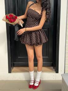 SHEIN EZwear 女式性感波尔卡圆点印花露背挂脖迷你连衣裙，夏季 - 棕色 - 查看 3