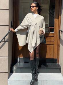 SHEIN EZwear Women's New Autumn/Winter Cape Poncho Jacket - Khaki - View 6