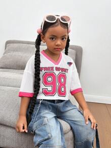 年轻女孩V领针织数字图案休闲短款T恤 - 白色 - 查看 7