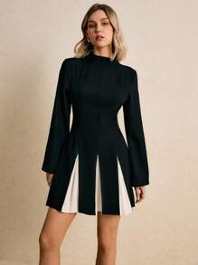 Poéselle 女式立领长袖撞色腰优雅短款连衣裙 - 黑與白 - 查看 5